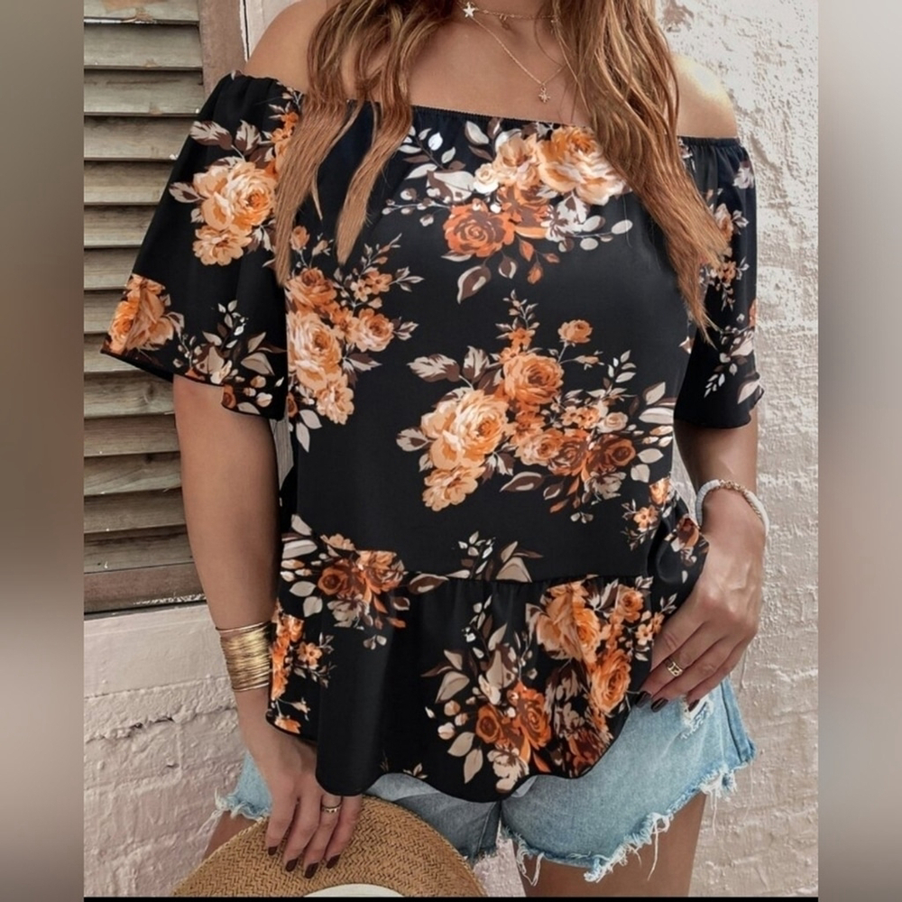 Plus Floral Print Off The Shoulder Blouse